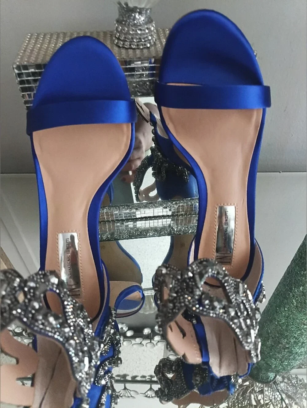 Satin Royal Blue Open-Toe Heels with Crystal Embellished Ankle Strap